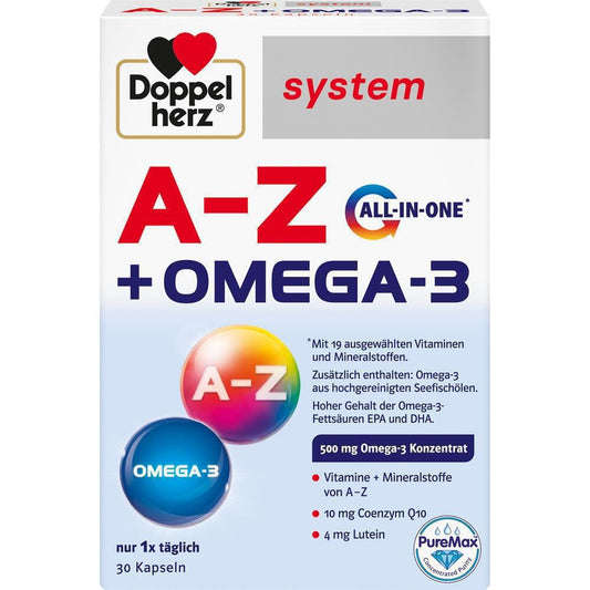 Doppelherz A-Z Omega 3 All-in-one 含有精心協調的總共 19 種維生素、礦物質和微量元素 - 從維生素 A 到鋅。對於想要在一個蓋子中全面供應精選維生素、礦物質、微量元素和 omega-3 脂肪酸的每個人來說，這是一個實用的解決方案。