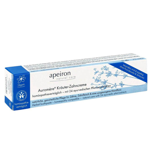 Apeiron Auromere 阿育吠陀牙膏含有 24 種阿育吠陀植物萃取物，旨在塑造堅固的牙齒，不添加氟化物、表面活性劑和泡沫填充劑，可預防蛀牙。