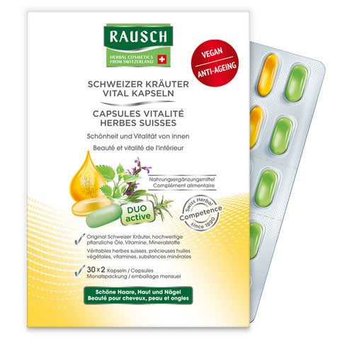 Rausch Swiss Herbal Vitality Capsules (3 Months) is a herbal supplement for hair and beauty from within
